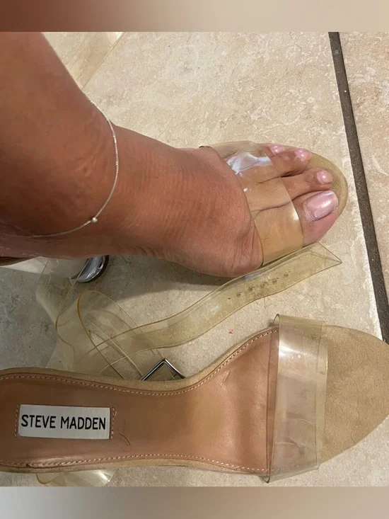 Steve Madden Clear PVC Block Heel Sandal with Tan Footbed - Picture 2 of 4